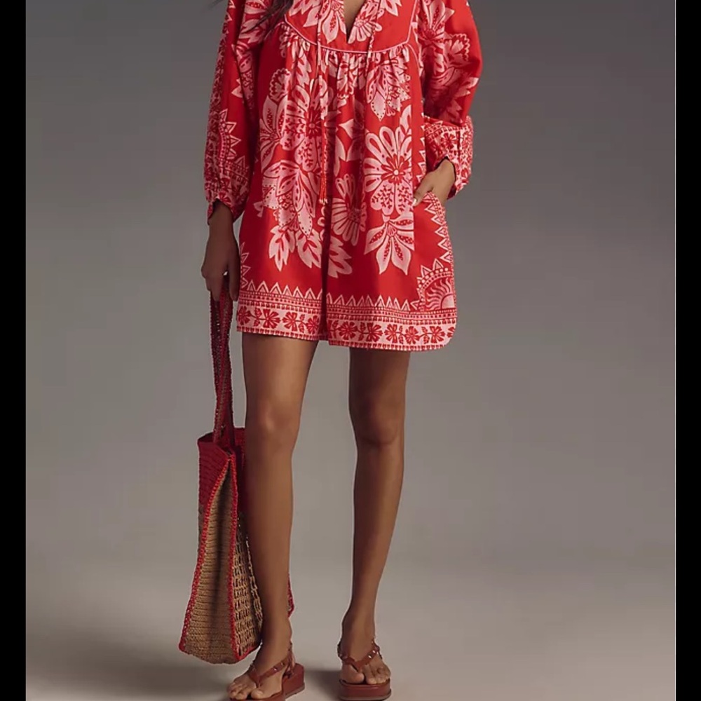 FARM Rio Flora Tapestry Red Long Sleeve Mini Dress |